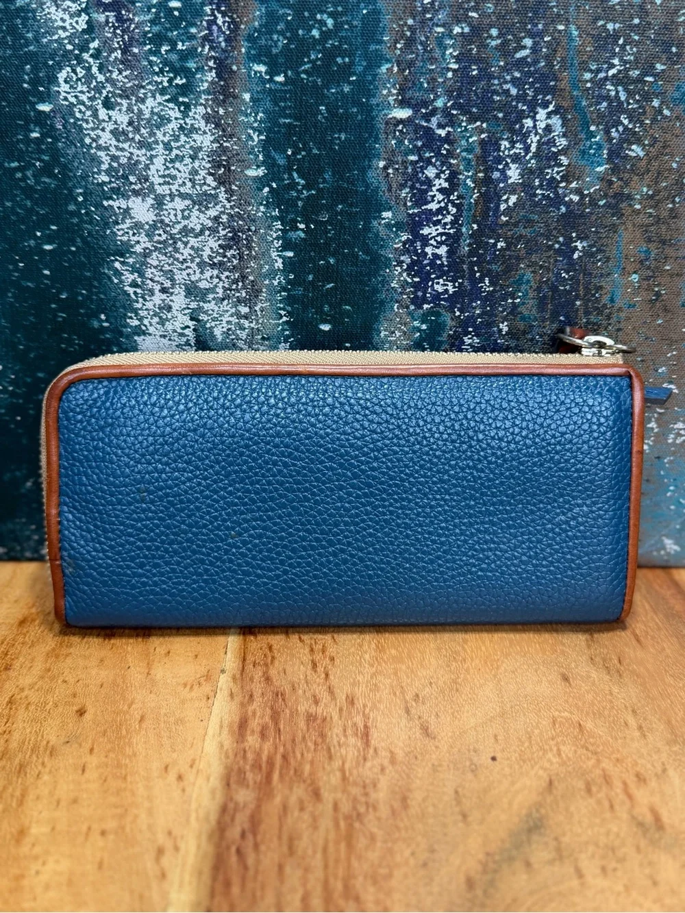 Dooney & Bourke Classic Pebble Grain Blue Tan Zip Wristlet Wallet